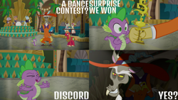 Size: 1280x720 | Tagged: safe, edit, edited screencap, editor:quoterific, imported from derpibooru, screencap, big macintosh, discord, spike, draconequus, dragon, earth pony, pony, unicorn, dungeons and discords, season 6, discord being discord, eyes closed, female, male, mare, open mouth, stallion