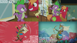 Size: 1280x720 | Tagged: safe, edit, edited screencap, editor:quoterific, imported from derpibooru, screencap, big macintosh, discord, spike, draconequus, dragon, earth pony, pony, season 8, the break up breakdown, spoiler:s08, captain wuzz, grin, male, open mouth, smiling, stallion