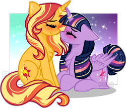 Size: 898x773 | Tagged: safe, artist:star-gaze-pony, imported from derpibooru, sunset shimmer, twilight sparkle, alicorn, pony, unicorn, blushing, female, horn, horn ring, lesbian, lying down, nuzzling, prone, ring, shipping, sunsetsparkle, twilight sparkle (alicorn)