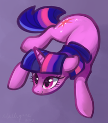 Size: 574x653 | Tagged: safe, artist:melligine, imported from derpibooru, twilight sparkle, pony, unicorn, cute, female, floppy ears, high angle, lavender background, lying down, mare, prone, simple background, smiling, solo, twiabetes, unicorn twilight