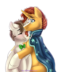 Size: 2000x2500 | Tagged: safe, artist:allisonbacker, imported from derpibooru, sunburst, oc, oc:coda, unicorn, blaze (coat marking), blushing, bowtie, canon x oc, cloak, clothes, coat markings, couple, cuddling, facial markings, glasses, high res, hug, socks (coat markings), sunburst's cloak