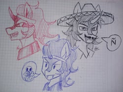 Size: 1963x1477 | Tagged: safe, artist:zachc, imported from derpibooru, king sombra, unicorn, disembodied head, fangs, graph paper, king sombrero, sombrero, traditional art, ñ