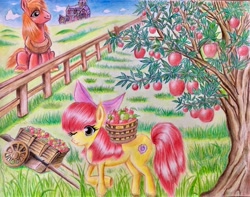 Size: 2048x1616 | Tagged: safe, artist:gommadare15, imported from derpibooru, apple bloom, big macintosh, earth pony, pony, apple, apple tree, barn, basket, cart, female, fence, filly, food, horse collar, male, one eye closed, orchard, stallion, tree, yoke