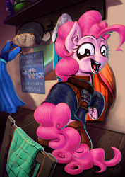 Size: 2059x2911 | Tagged: safe, artist:studlyhorn, imported from derpibooru, pinkie pie, oc, oc:frosty (mec), oc:poppy seed (mec), oc:thunder wing (mec), earth pony, pony, clothes, convention, ear fluff, female, happy, high res, looking back, mare, middle equestrian convention, not applejack, open mouth, open smile, poland, raised hoof, smiling, solo, underhoof
