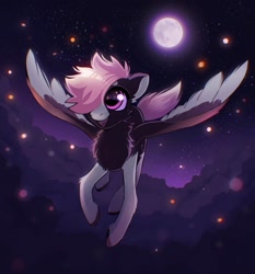 Size: 1553x1666 | Tagged: safe, artist:draw3, artist:draw__3, imported from derpibooru, oc, oc only, pegasus, pony, chest fluff, cloud, coat markings, flying, moon, night, socks (coat markings), solo
