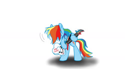 Size: 1440x799 | Tagged: safe, artist:ceehoff, imported from derpibooru, rainbow dash, pegasus, pony, bipedal, female, guitar, mare, music notes, musical instrument, rock (music), simple background, solo, white background