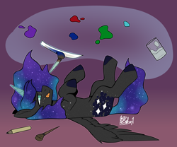 Size: 3000x2500 | Tagged: safe, artist:lionbun, artist:lionbun1, imported from derpibooru, oc, oc:new moon, alicorn, cute, female, filly, high res, lying down, mare, offspring, on back, painting, parent:princess luna, parents:canon x oc, patreon, patreon reward