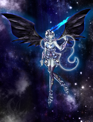 Size: 1486x1941 | Tagged: safe, artist:anzhelee, imported from derpibooru, nightmare moon, human, alicorn humanization, clothes, ethereal mane, female, galaxy mane, glowing horn, grin, helmet, horn, horned humanization, humanized, smiling, solo, space, stars, winged humanization, wings