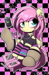 Size: 2500x3863 | Tagged: safe, artist:moozua, imported from derpibooru, fluttershy, pegasus, pony, alternate hairstyle, arm warmers, blushing, checkered background, choker, clothes, cute, daaaaaaaaaaaw, ear piercing, emoshy, eye clipping through hair, female, flutterpunk, high res, hnnng, industrial piercing, makeup, mare, monster energy, music player, nintendo ds, piercing, scene, scene kid, shyabetes, socks, solo, wristband