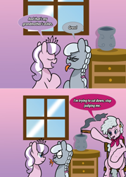 Size: 1280x1786 | Tagged: safe, artist:ladyanidraws, imported from derpibooru, diamond tiara, silver spoon, oc, pony, ashtray, bait and switch, cigar, female, grandmother, smoking, vase