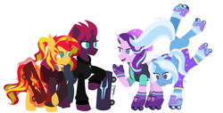 Size: 3337x1694 | Tagged: safe, artist:samsailz, imported from derpibooru, fizzlepop berrytwist, starlight glimmer, sunset shimmer, tempest shadow, trixie, pony, unicorn, :p, alternate hairstyle, babysitter trixie, beanie, broken horn, clothes, counterparts, equestria girls outfit, eye scar, female, group, handstand, happy, hat, hoodie, horn, levitation, lineless, magic, magic aura, mare, quartet, reformed unicorn meeting, reformed villain, roller skates, scar, simple background, skateboard, skates, smiling, telekinesis, tongue out, trick, twilight's counterparts, upside down, white background