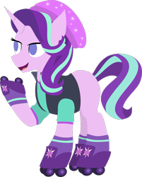 Size: 985x1226 | Tagged: safe, artist:samsailz, imported from derpibooru, starlight glimmer, pony, unicorn, beanie, clothes, equestria girls outfit, female, hat, lineless, mare, roller skates, simple background, skates, smiling, solo, transparent background