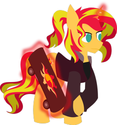 Size: 1144x1224 | Tagged: safe, artist:samsailz, imported from derpibooru, sunset shimmer, pony, unicorn, alternate hairstyle, clothes, female, glowing horn, horn, levitation, magic, mare, ponytail, simple background, skateboard, skates, solo, telekinesis, transparent background