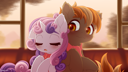 Size: 4000x2250 | Tagged: safe, artist:symbianl, imported from derpibooru, button mash, sweetie belle, earth pony, pony, unicorn, blushing, buttonbetes, clothes, cute, diasweetes, eyes closed, female, male, older, older button mash, older sweetie belle, open mouth, scarf, shipping, sleeping, straight, sweetiemash, wavy mouth