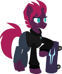 Size: 1151x1368 | Tagged: safe, artist:samsailz, imported from derpibooru, fizzlepop berrytwist, tempest shadow, pony, unicorn, alternate hairstyle, broken horn, clothes, eye scar, female, hoodie, horn, lineless, mare, scar, simple background, skateboard, smiling, solo, transparent background