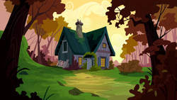 Size: 1280x720 | Tagged: safe, imported from derpibooru, screencap, season 5, slice of life (episode), background, cloud, cranky and matilda's home, dawn, forest, house, scenery, scenic ponyville, tree