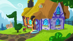 Size: 1280x720 | Tagged: safe, imported from derpibooru, screencap, season 5, slice of life (episode), background, bush, cloud, fence, house, mailbox, no pony, ponyville, scenic ponyville, vinyl and octavia's home