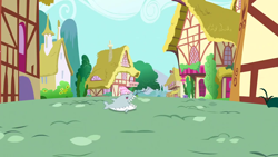 Size: 1280x720 | Tagged: safe, imported from derpibooru, screencap, jumpy the shark, season 5, slice of life (episode), 100th episode, background, jumping the shark, no pony, plushie, ponyville, pun, scenic ponyville, shark plushie, visual pun