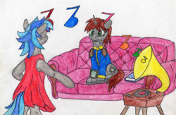 Size: 804x523 | Tagged: safe, artist:superdwarf3000, imported from derpibooru, oc, oc:homage, oc:littlepip, pony, unicorn, fallout equestria, clothes, couch, dress, jumpsuit, phonograph, pipbuck, vault suit