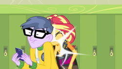 Size: 3410x1920 | Tagged: safe, imported from derpibooru, screencap, microchips, sunset shimmer, equestria girls, equestria girls series, forgotten friendship, cellphone, clothes, cutie mark, cutie mark on clothes, eyes closed, female, geode of empathy, glasses, jacket, jewelry, leather, leather jacket, lockers, magical geodes, male, necklace, phone, smartphone