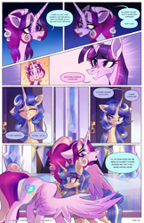 Size: 2301x3549 | Tagged: safe, artist:darlyjay, imported from derpibooru, princess cadance, twilight sparkle, oc, oc:sterling sentry, alicorn, pony, unicorn, comic:save the harmony, aunt, aunt and niece, aunt cadance, female, high res, hug, mare, niece, offspring, parent:flash sentry, parent:twilight sparkle, parents:flashlight, twilight sparkle (alicorn), winghug, wings