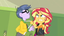 Size: 3410x1920 | Tagged: safe, imported from derpibooru, screencap, microchips, sunset shimmer, equestria girls, equestria girls series, forgotten friendship, angry, clothes, cutie mark, cutie mark on clothes, female, glasses, jacket, jewelry, leather, leather jacket, lockers, male, necklace