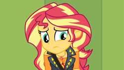 Size: 3410x1920 | Tagged: safe, imported from derpibooru, screencap, sunset shimmer, equestria girls, equestria girls series, forgotten friendship, clothes, cute, cutie mark, cutie mark on clothes, female, geode of empathy, jacket, jewelry, leather, leather jacket, lockers, magical geodes, necklace, sad, sadorable, shimmerbetes, solo