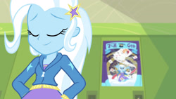 Size: 3410x1920 | Tagged: safe, imported from derpibooru, screencap, trixie, equestria girls, equestria girls series, forgotten friendship, blurry background, clothes, cutie mark, cutie mark on clothes, eyes closed, female, hairpin, hoodie, lockers, poster, smiling, solo