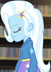 Size: 1920x2691 | Tagged: safe, imported from derpibooru, screencap, trixie, equestria girls, equestria girls series, forgotten friendship, clothes, cropped, cutie mark, cutie mark on clothes, eyes closed, hairpin, hoodie, library, solo