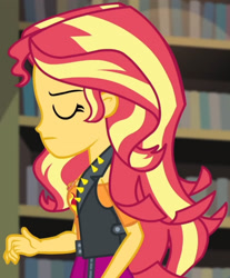Size: 1920x2323 | Tagged: safe, imported from derpibooru, screencap, sunset shimmer, equestria girls, equestria girls series, forgotten friendship, clothes, cropped, cutie mark, cutie mark on clothes, eyes closed, geode of empathy, jacket, jewelry, leather, leather jacket, library, magical geodes, necklace, solo