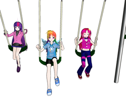 Size: 618x476 | Tagged: safe, artist:astridautumn, imported from derpibooru, pinkie pie, rainbow dash, twilight sparkle, human, equestria girls, 3d, converse, cute, humanized, shoes, simple background, swing set, trio