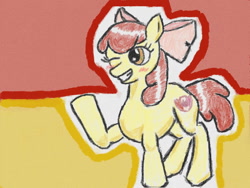 Size: 640x480 | Tagged: safe, artist:あすぐり, imported from derpibooru, apple bloom, earth pony, pony, blushing, female, filly, foal, grin, one eye closed, raised hoof, smiling, solo, wink