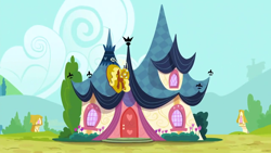 Size: 1280x720 | Tagged: safe, imported from derpibooru, screencap, season 5, slice of life (episode), background, cloud, hill, house, no pony, ponyville, ponyville spa, scenic ponyville, tree