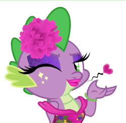 Size: 990x966 | Tagged: safe, artist:mylittlepastafarian, imported from derpibooru, spike, dragon, blowing a kiss, clothes, commission, crossdressing, dress, emerald flame (drag name), eyeshadow, fake eyelashes, femboy, femboy spike, floating heart, flower, flower in hair, heart, jewelry, lipstick, looking at you, makeup, male, one eye closed, profile picture, pun, simple background, solo, visual pun, wink, winking at you