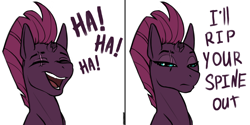 Size: 3000x1500 | Tagged: safe, artist:kirasunnight, imported from derpibooru, tempest shadow, pony, unicorn, 2 panel comic, broken horn, comic, eye scar, eyes closed, female, haha no, high res, horn, laughing, mare, mood whiplash, open mouth, scar, simple background, solo, tempest shadow is not amused, that escalated quickly, threat, unamused, white background