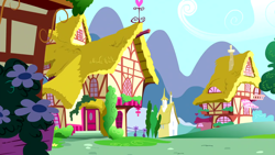 Size: 1280x720 | Tagged: safe, imported from derpibooru, screencap, season 5, slice of life (episode), background, cloud, flower, house, mountain, no pony, ponyville, scenic ponyville, tree