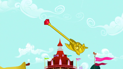 Size: 1280x720 | Tagged: safe, imported from derpibooru, screencap, slice of life (episode), background, cloud, flag, house, no pony, ponyville, ponyville town hall, scenic ponyville, scepter, tree, twilight scepter