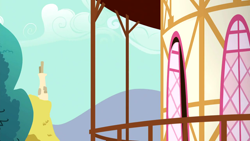 Size: 1280x720 | Tagged: safe, imported from derpibooru, screencap, season 5, slice of life (episode), background, cloud, hill, house, no pony, ponyville, ponyville town hall, scenic ponyville, tree, window