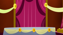 Size: 1280x720 | Tagged: safe, imported from derpibooru, screencap, season 5, slice of life (episode), background, curtain, curtains, liminal space, no pony, ponyville town hall, scenic ponyville, table