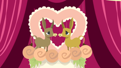 Size: 1280x720 | Tagged: safe, imported from derpibooru, screencap, cranky doodle donkey, matilda, season 5, slice of life (episode), background, curtain, curtains, no pony, ponyville town hall, scenic ponyville, wedding cake