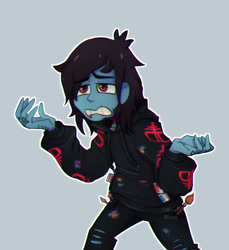 Size: 668x729 | Tagged: safe, artist:mika-micky, imported from derpibooru, equestria girls, bring me the horizon, clothes, commission, drop dead clothing, equestria girls-ified, hoodie, jeans, lip piercing, male, oliver sykes, paint stains, paintbrush, pants, piercing, ripped jeans, ripped pants, simple background, solo, torn clothes, ych result