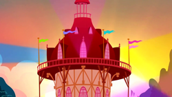 Size: 1280x720 | Tagged: safe, imported from derpibooru, screencap, season 5, slice of life (episode), background, cloud, flag, light, no pony, palindrome get, ponyville, ponyville town hall, scenic ponyville, sunset, tree