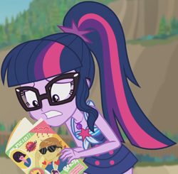 Size: 1380x1355 | Tagged: safe, imported from derpibooru, screencap, feather bangs, sci-twi, twilight sparkle, equestria girls, equestria girls series, friendship math, clothes, cropped, female, geode of telekinesis, glasses, magazine, magical geodes, one-piece swimsuit, ponytail, sci-twi swimsuit, shrunken pupils, sleeveless, solo, swimsuit