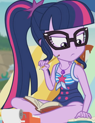 Size: 1312x1687 | Tagged: safe, imported from derpibooru, screencap, sci-twi, twilight sparkle, equestria girls, equestria girls series, friendship math, adding machine, beach chair, chair, clothes, cropped, female, geode of telekinesis, glasses, magical geodes, one-piece swimsuit, pencil, ponytail, sci-twi swimsuit, sleeveless, solo, swimsuit