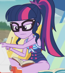 Size: 1508x1687 | Tagged: safe, imported from derpibooru, screencap, sci-twi, twilight sparkle, equestria girls, equestria girls series, friendship math, adding machine, beach chair, chair, clothes, cropped, female, geode of telekinesis, glasses, magical geodes, one-piece swimsuit, pencil, ponytail, sci-twi swimsuit, sleeveless, solo, swimsuit