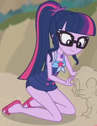 Size: 982x1271 | Tagged: safe, imported from derpibooru, screencap, sci-twi, spike, spike the regular dog, twilight sparkle, dog, equestria girls, equestria girls series, x marks the spot, beach, clothes, cropped, flip-flops, geode of telekinesis, glasses, magical geodes, ponytail, sandals, sci-twi swimsuit, sleeveless, swimsuit