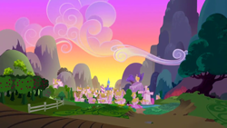 Size: 1280x720 | Tagged: safe, imported from derpibooru, screencap, season 5, slice of life (episode), 100th episode, apple, apple tree, background, fence, food, hill, mountain, no pony, ponyville, scenic ponyville, sunset, tree, twilight's castle