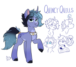 Size: 2159x1911 | Tagged: safe, artist:moccabliss, imported from derpibooru, oc, oc only, oc:quincy quills, bird, owl, pony, unicorn, book, curved horn, horn, magic, male, solo, stallion