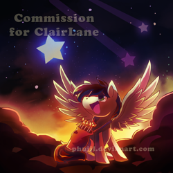 Size: 900x900 | Tagged: safe, artist:phuijl, imported from derpibooru, oc, oc:apollo heart, pegasus, commission, looking up, open mouth, pegasus oc, sitting, stars, twilight (astronomy), wings