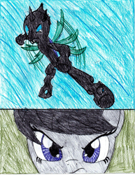 Size: 2549x3299 | Tagged: safe, artist:l9obl, imported from derpibooru, octavia melody, changeling, earth pony, pony, once upon a time in canterlot, angry, badass, comic, female, fight, flying kick, glare, high res, kick, male